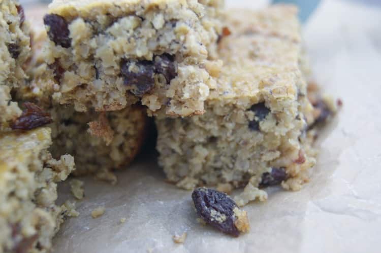 Soaked Oatmeal Breakfast Bars - sugar free! Lightly sweetened with overripe bananas and a touch of plump raisins is all that's needed to get you going. Soaked grains for optimal digestion and nutrient absorption.
