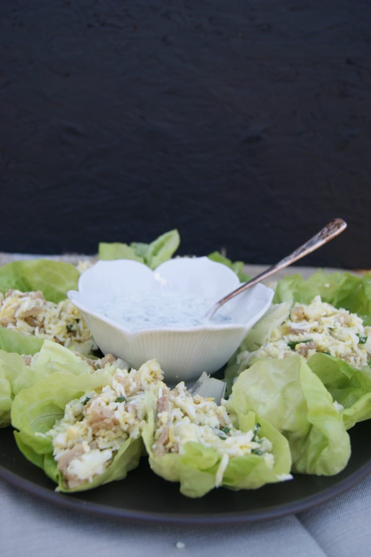 Cod Liver, Rice & Egg Lettuce Wraps - Incredibly nutrient-dense cod-liver tossed with cauli-rice (or regular rice), pastured eggs and drizzled dill yogurt dressing. Nourishing for #GAPS diet and #Paleo and even #whole30 compliant if the dressing is omitted.