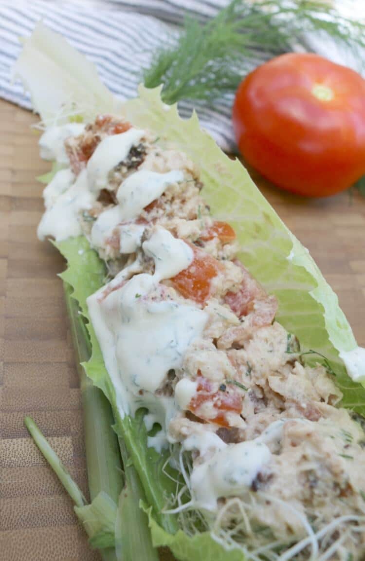 Tuna BLT Lettuce Wraps - delicious and filling snack or meal. Best part? Your kids can whip this up in no time. Click to find out how!