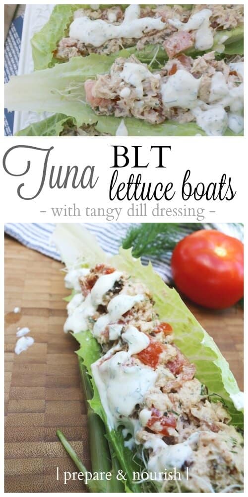 Tuna BLT Lettuce Wraps with tangy dill dressing - delicious and filling meal. Paleo and Whole30. Best part? Your kids can whip this up in no time. Click to find out how!