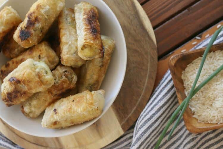 Rice and Green Onions Spring Roll - get the aromatic basmati rice with spring green onions and pastured eggs all wrapped in a perfect crispy rice wrapper. Fun and tasty gluten-free appetizer!