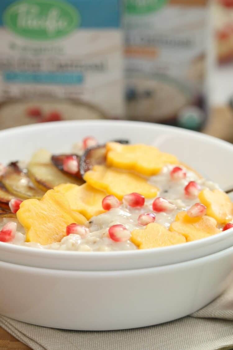Fall Inspired Steel Cut Oatmeal - start the day off with a hearty breakfast topped with browned pears and other seasonal fruits. 